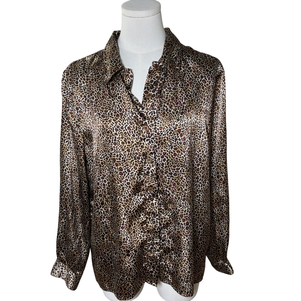 Kathie Lee Leopard Satin Blouse Brown Animal Print Mob Wife Vintage 90s Size 12